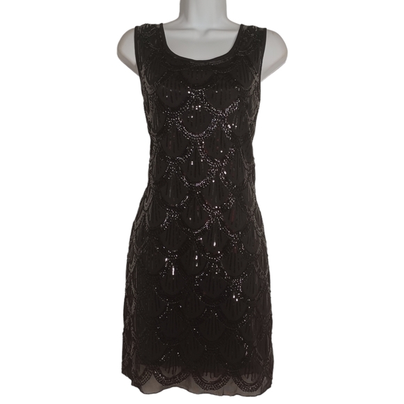 Black Sequin Gatsby Style Sleeveless Stretchy Mini Party Cocktail Dress Medium - Picture 2 of 8